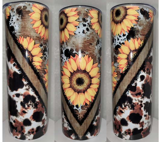 20oz Tumbler-Cowhide with Sunflowers